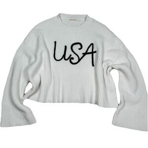 Moon & Madison Anthropologie USA Script Sweater White Women's Size Large Preppy